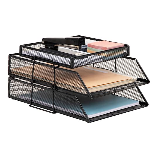 Mind Reader 2 Tier Paper Tray with Top Supply Compartment, Desktop File Organizer, Metal Mesh, Black